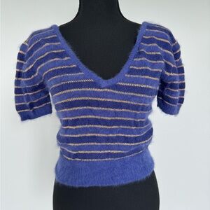 Fuzzy Cropped V-Neck Purple Sweater with Gold Stripes